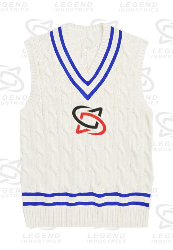 Classic white cricket sweater with cable knit design