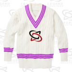 Classic white cricket sweater with cable knit design