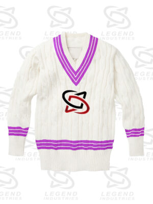 Classic white cricket sweater with cable knit design