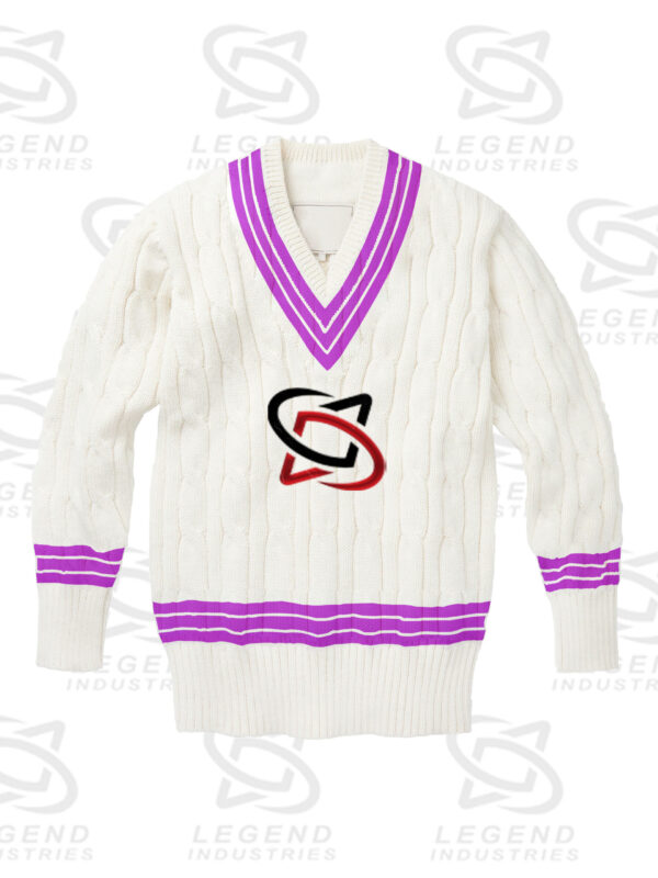 Classic white cricket sweater with cable knit design