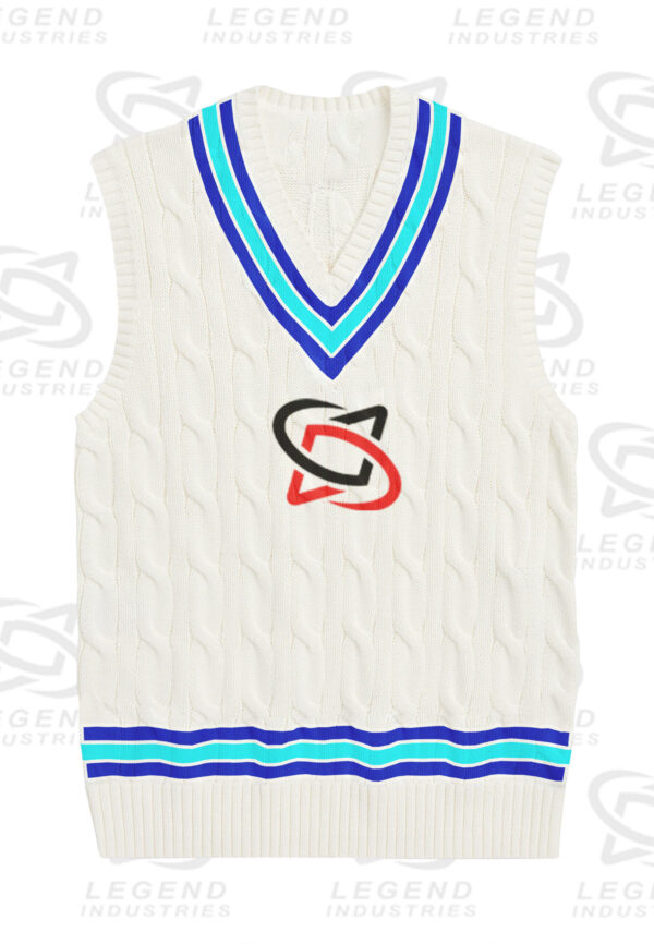 Classic white cricket sweater with cable knit design