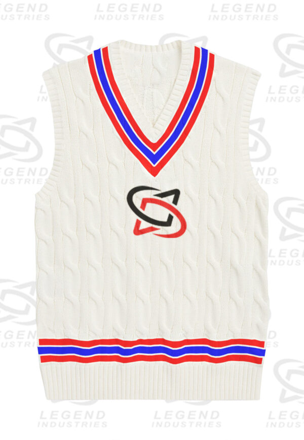 Classic white cricket sweater with cable knit design