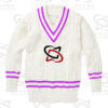 Classic white cricket sweater with cable knit design