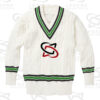 Classic white cricket sweater with cable knit design