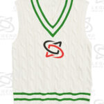 Classic white cricket sweater with cable knit design