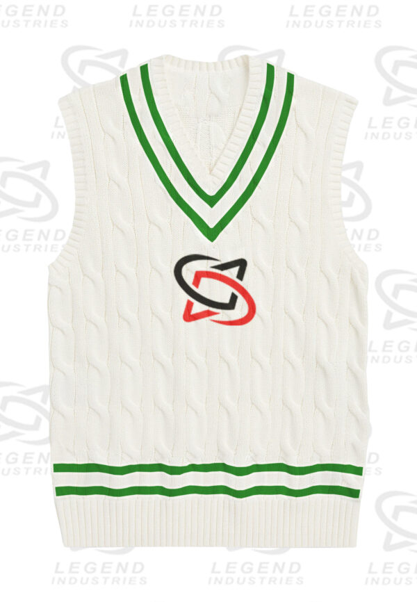 Classic white cricket sweater with cable knit design