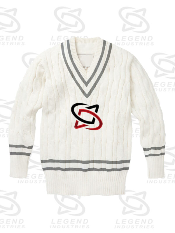Classic white cricket sweater with cable knit design
