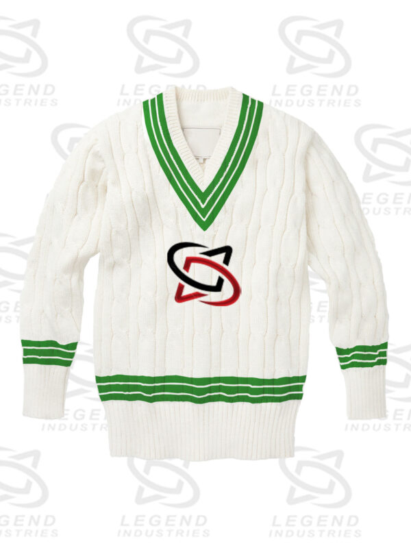 Classic white cricket sweater with cable knit design
