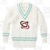 Classic white cricket sweater with cable knit design