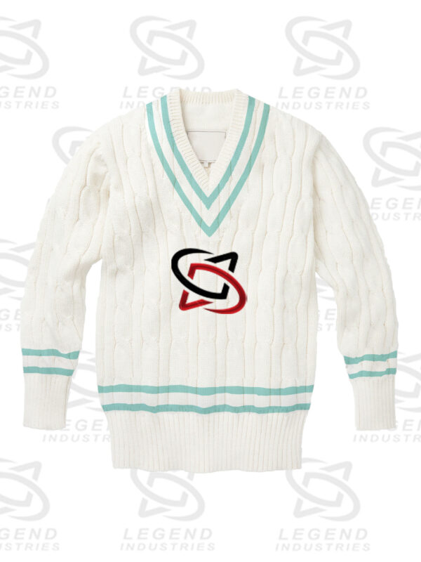 Classic white cricket sweater with cable knit design