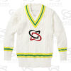 Classic white cricket sweater with cable knit design
