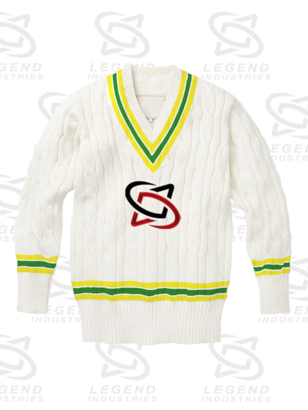 Classic white cricket sweater with cable knit design