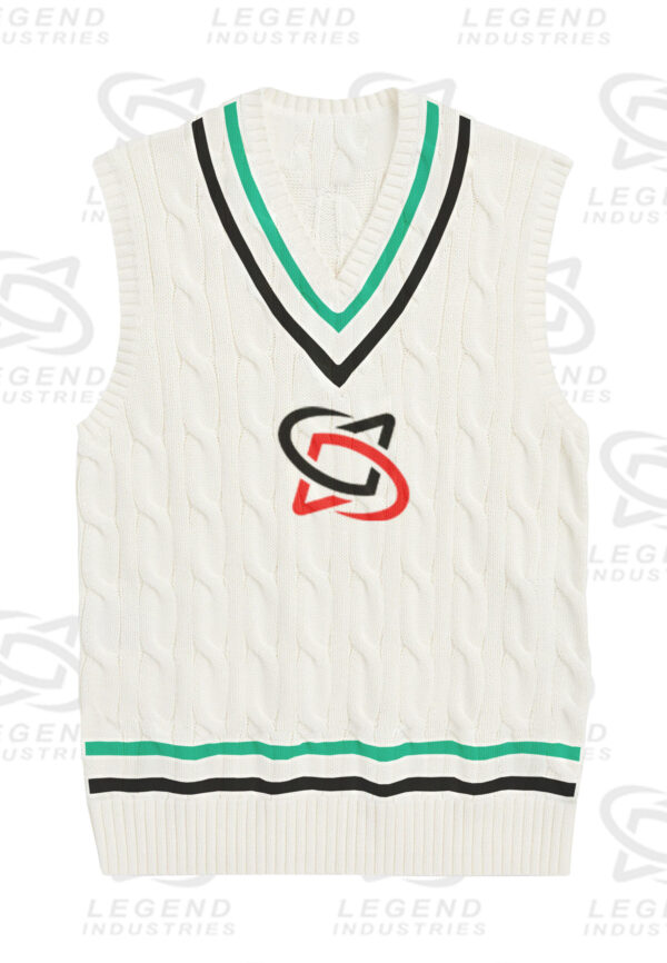 Classic white cricket sweater with cable knit design