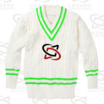 Classic white cricket sweater with cable knit design
