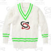 Classic white cricket sweater with cable knit design
