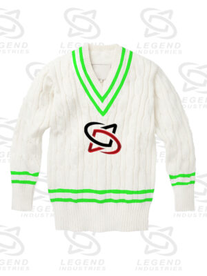 Classic white cricket sweater with cable knit design