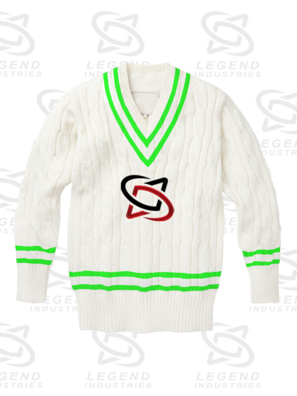 Classic white cricket sweater with cable knit design