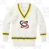 Classic white cricket sweater with cable knit design