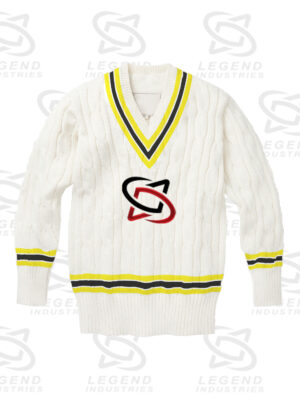 Classic white cricket sweater with cable knit design