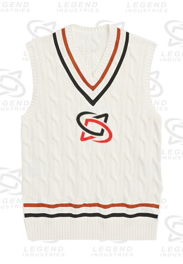 Classic white cricket sweater with cable knit design