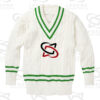 Classic white cricket sweater with cable knit design