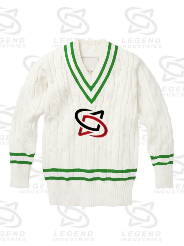 Classic white cricket sweater with cable knit design
