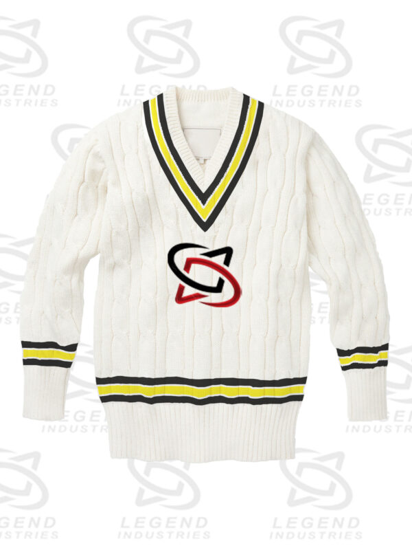 Classic white cricket sweater with cable knit design