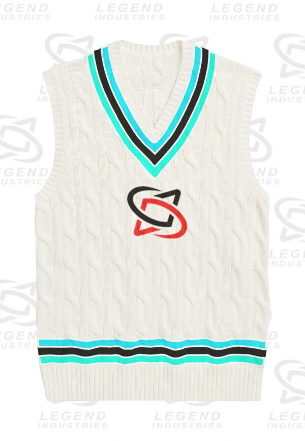 Classic white cricket sweater with cable knit design