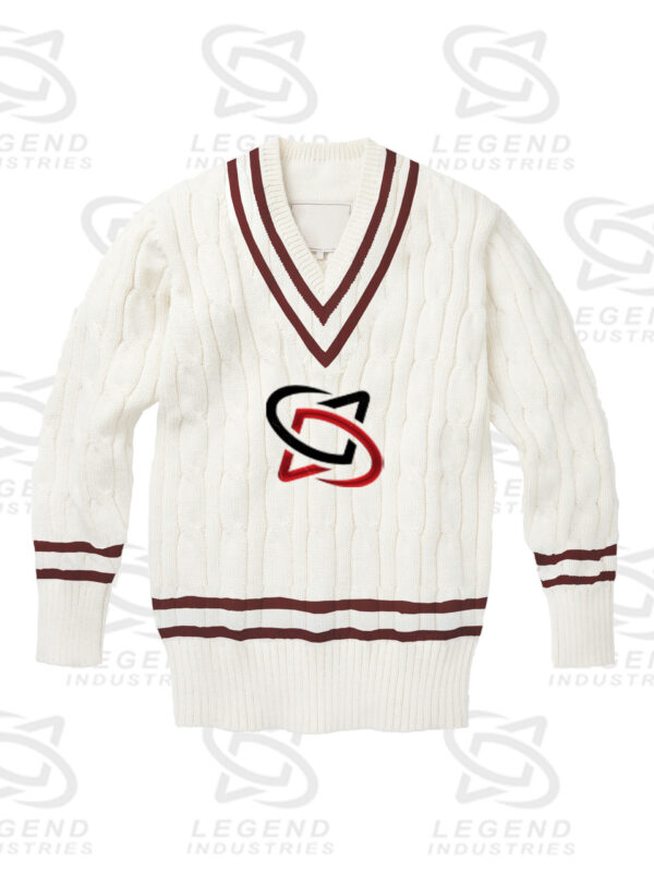 Classic white cricket sweater with cable knit design
