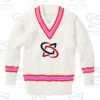 Classic white cricket sweater with cable knit design