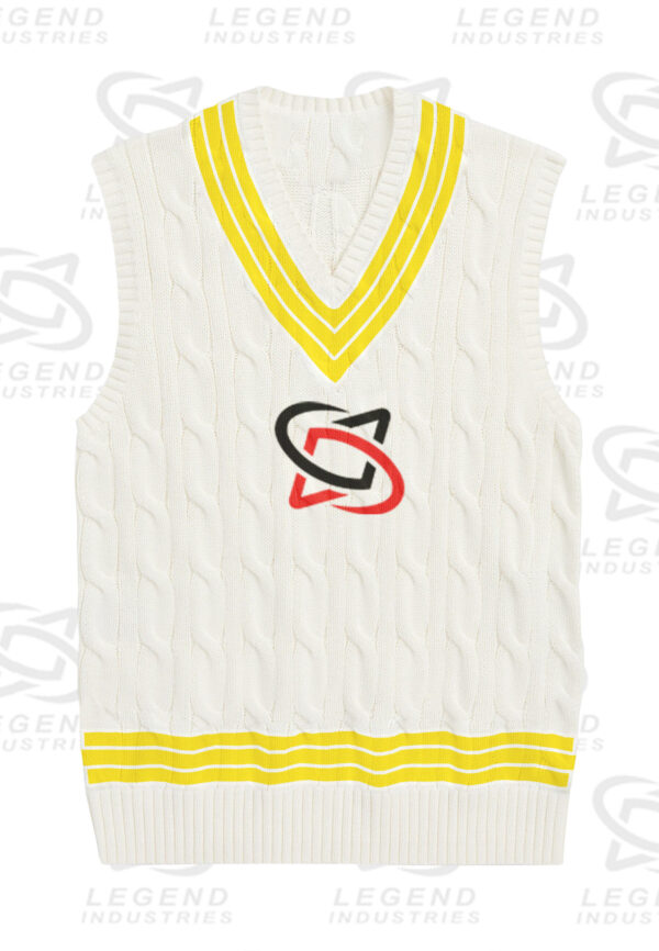 Classic white cricket sweater with cable knit design