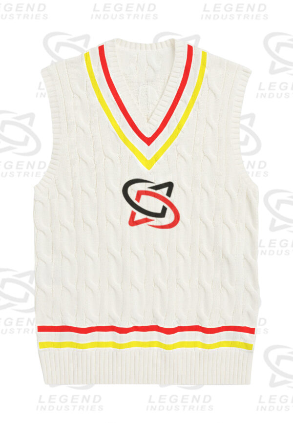 Classic white cricket sweater with cable knit design