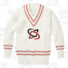 Classic white cricket sweater with cable knit design