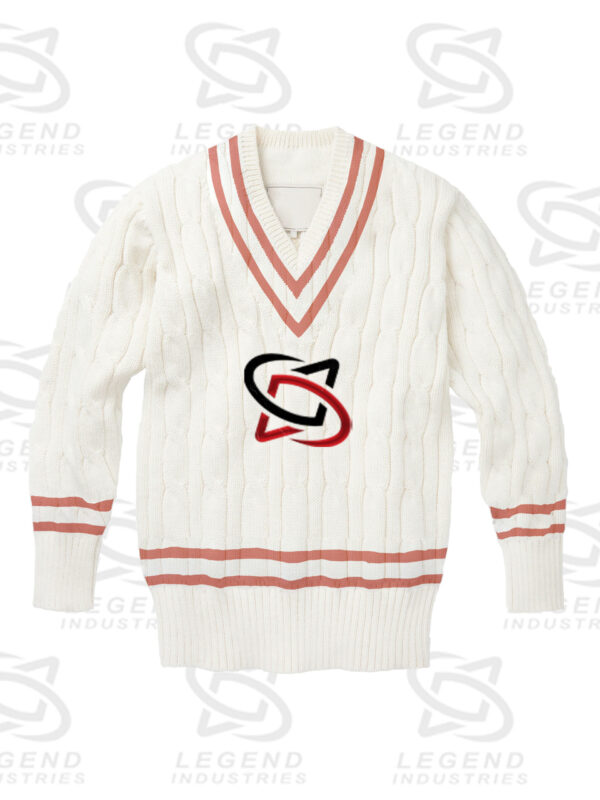 Classic white cricket sweater with cable knit design