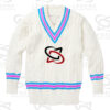 Classic white cricket sweater with cable knit design