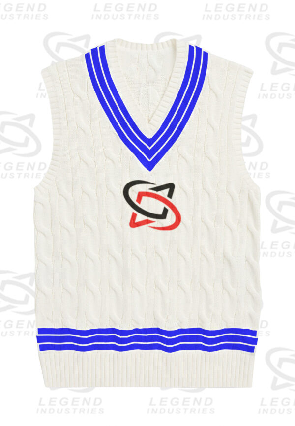 Classic white cricket sweater with cable knit design