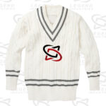 Classic white cricket sweater with cable knit design