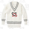 Classic white cricket sweater with cable knit design
