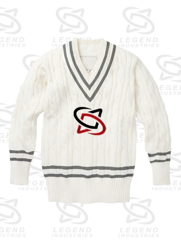 Classic white cricket sweater with cable knit design