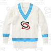 Classic white cricket sweater with cable knit design