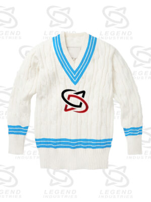Classic white cricket sweater with cable knit design