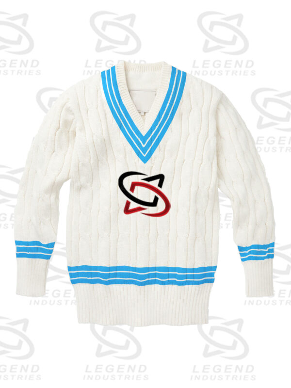 Classic white cricket sweater with cable knit design