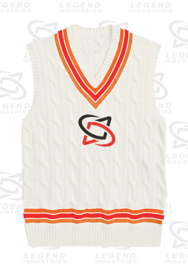 Classic white cricket sweater with cable knit design