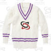 Classic white cricket sweater with cable knit design