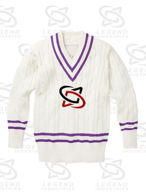 Classic white cricket sweater with cable knit design