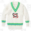 Classic white cricket sweater with cable knit design