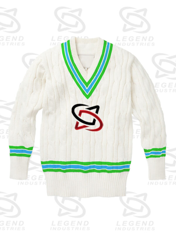 Classic white cricket sweater with cable knit design