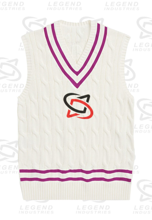 Classic white cricket sweater with cable knit design