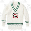 Classic white cricket sweater with cable knit design