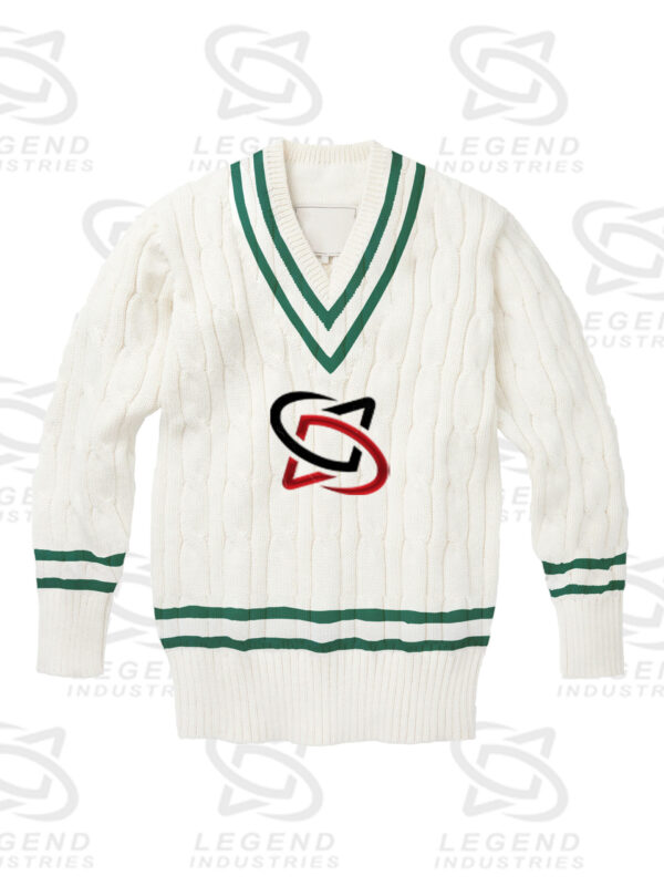 Classic white cricket sweater with cable knit design